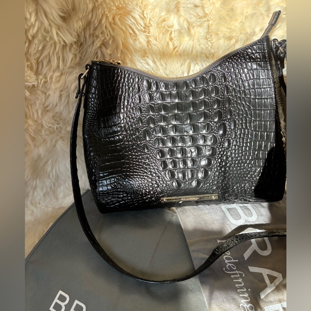 Brahmin Black Crocodile-Embossed Shoulder Bag. Like New Quiet Luxury Cross Body